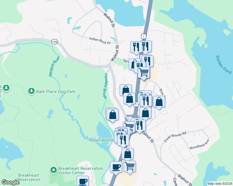 map of restaurants, bars, coffee shops, grocery stores, and more near 136 Walnut Street in Saugus