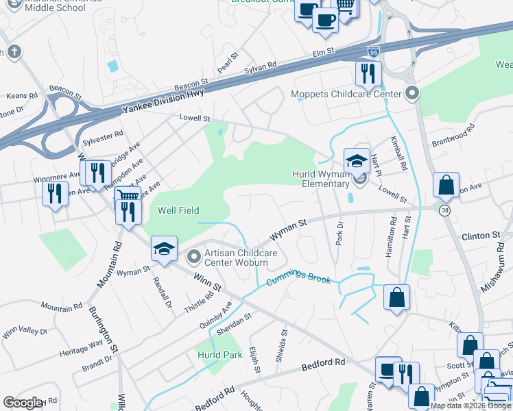 map of restaurants, bars, coffee shops, grocery stores, and more near 4 Meadow Lane in Woburn