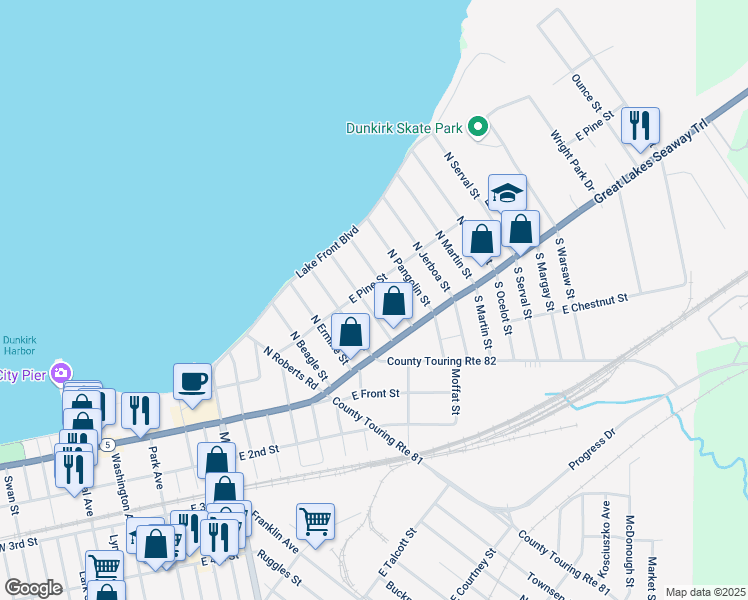 map of restaurants, bars, coffee shops, grocery stores, and more near 22 Leming Street in Dunkirk