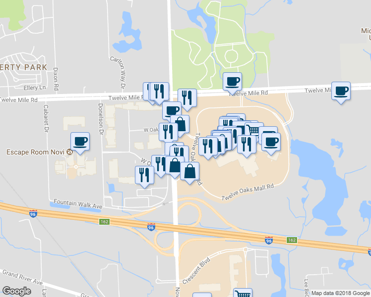 map of restaurants, bars, coffee shops, grocery stores, and more near 27772 Novi Road in Novi