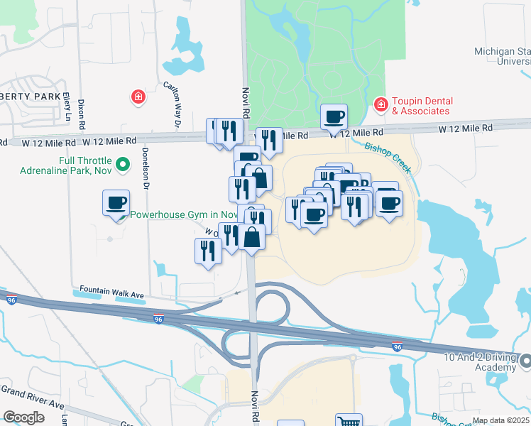 map of restaurants, bars, coffee shops, grocery stores, and more near 27772 Novi Rd in Novi