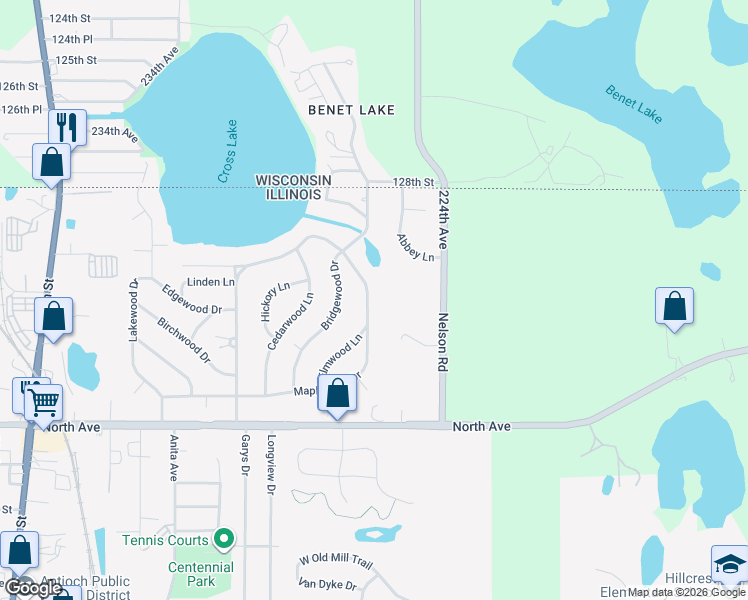 map of restaurants, bars, coffee shops, grocery stores, and more near 239 Maplewood Drive in Antioch