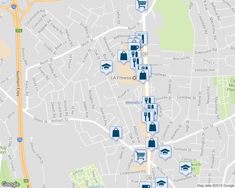 map of restaurants, bars, coffee shops, grocery stores, and more near 53 Oak Street in Stoneham