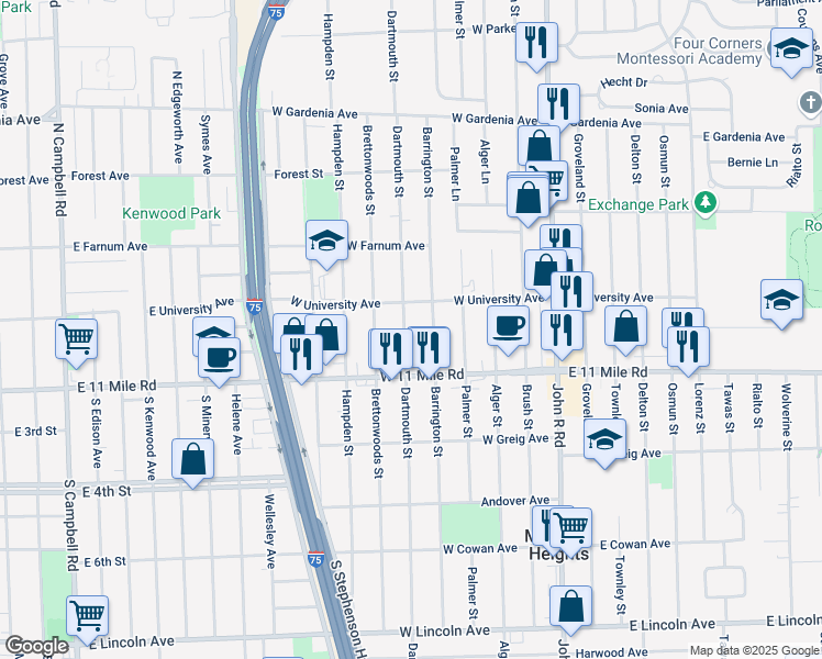 map of restaurants, bars, coffee shops, grocery stores, and more near 27088 Dartmouth Street in Madison Heights