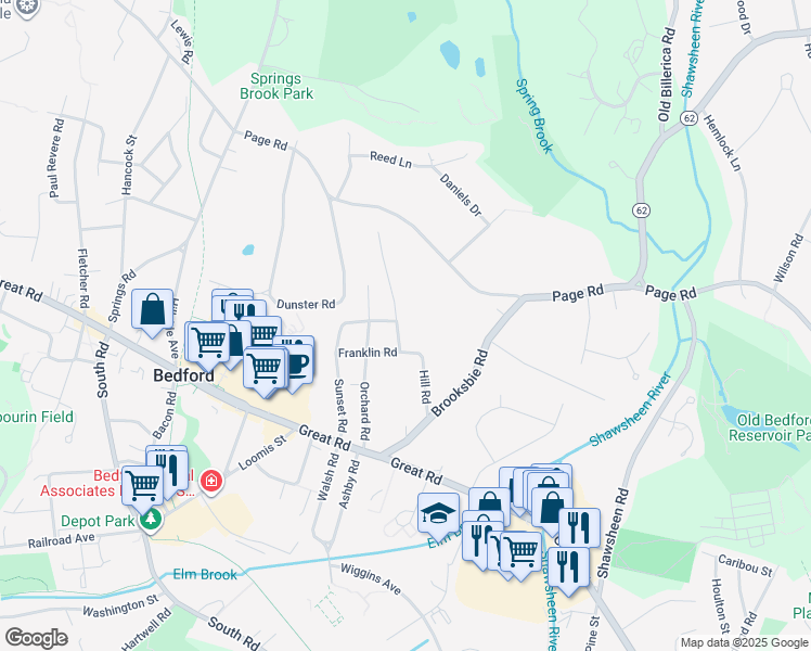 map of restaurants, bars, coffee shops, grocery stores, and more near 5 Alaska Avenue in Bedford