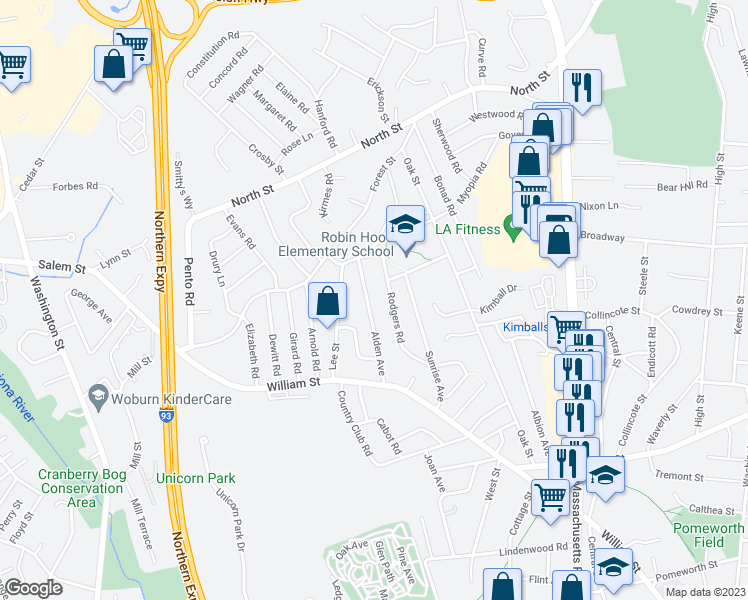 map of restaurants, bars, coffee shops, grocery stores, and more near 23 Alden Avenue in Stoneham