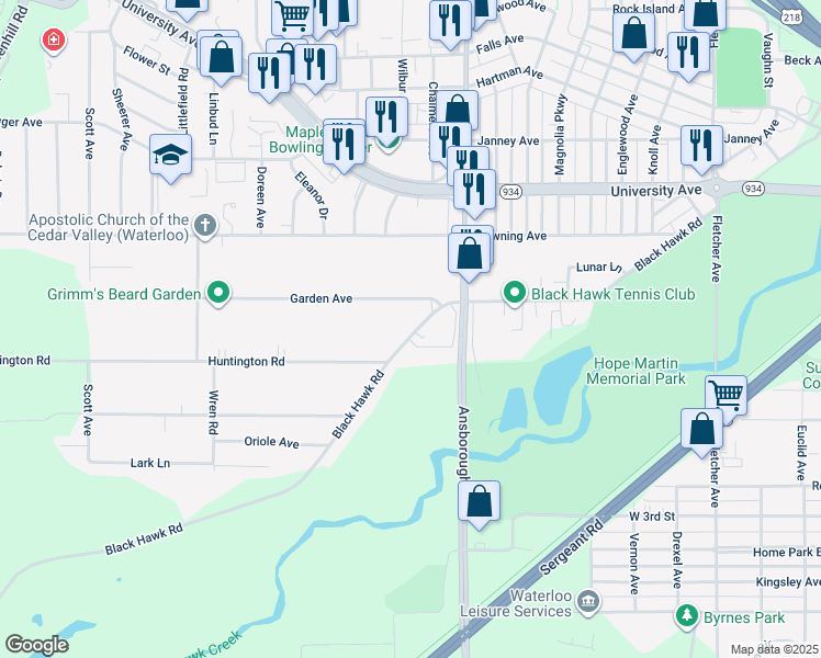 map of restaurants, bars, coffee shops, grocery stores, and more near 1256 Black Hawk Road in Waterloo