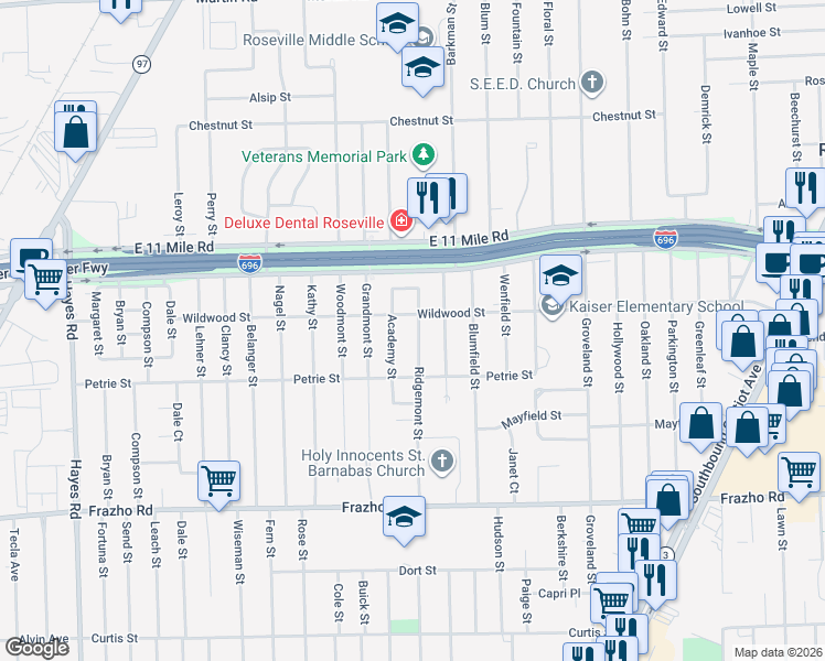 map of restaurants, bars, coffee shops, grocery stores, and more near 26641 Ridgemont Street in Roseville