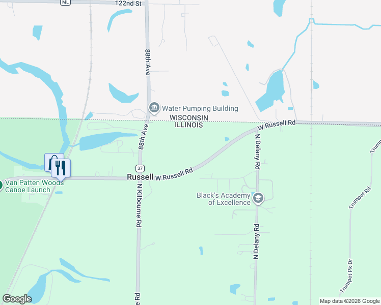 map of restaurants, bars, coffee shops, grocery stores, and more near in Russell