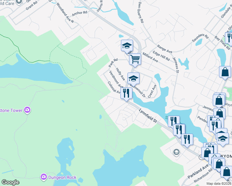 map of restaurants, bars, coffee shops, grocery stores, and more near 35 Great Woods Road in Lynn