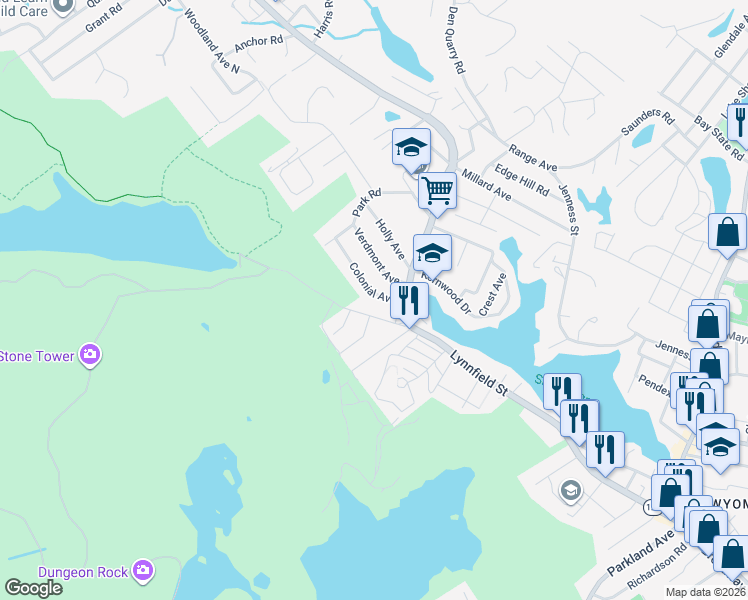 map of restaurants, bars, coffee shops, grocery stores, and more near 35 Great Woods Road in Lynn