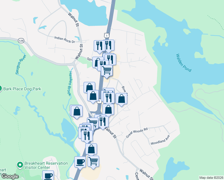 map of restaurants, bars, coffee shops, grocery stores, and more near 23 Pinehurst Avenue in Saugus