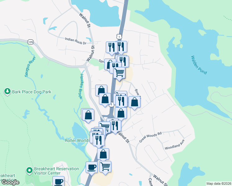 map of restaurants, bars, coffee shops, grocery stores, and more near 150 Broadway in Saugus