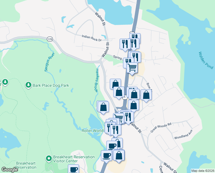 map of restaurants, bars, coffee shops, grocery stores, and more near 136 Walnut Street in Saugus