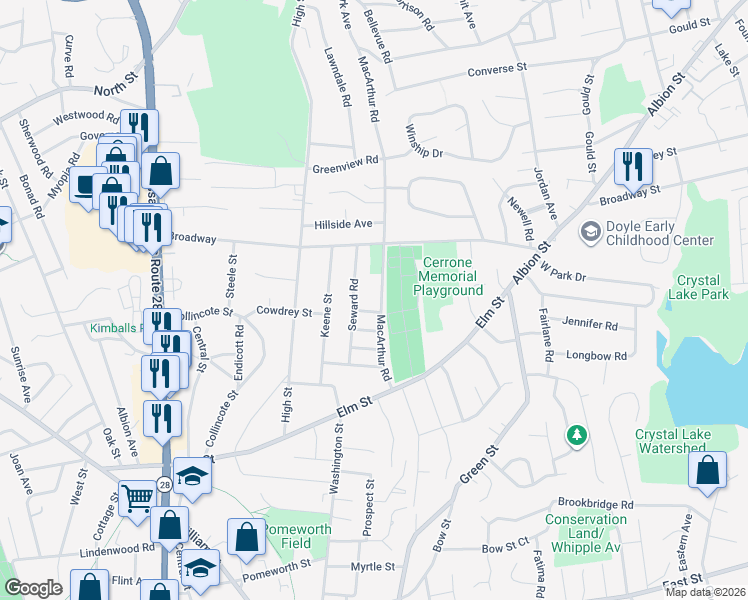 map of restaurants, bars, coffee shops, grocery stores, and more near 40 Macarthur Road in Stoneham