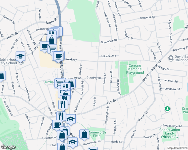 map of restaurants, bars, coffee shops, grocery stores, and more near 5 Cowdrey Street in Stoneham