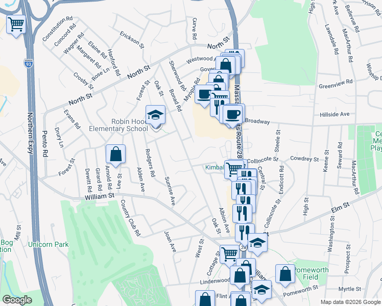 map of restaurants, bars, coffee shops, grocery stores, and more near 53 Oak Street in Stoneham