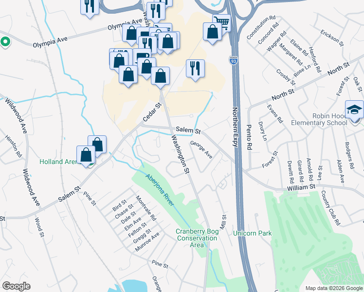 map of restaurants, bars, coffee shops, grocery stores, and more near 16 Robert Avenue in Woburn