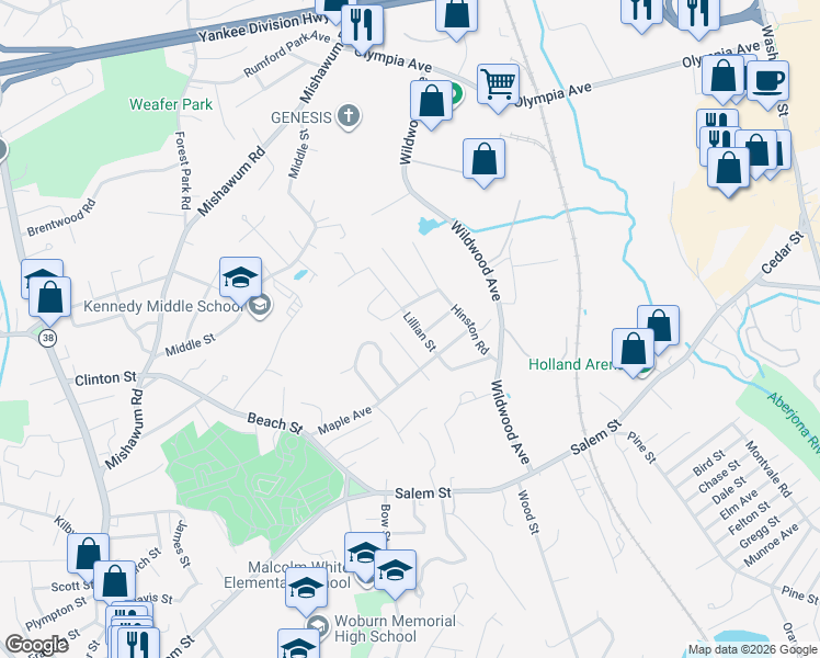map of restaurants, bars, coffee shops, grocery stores, and more near 23 Winstead Avenue in Woburn