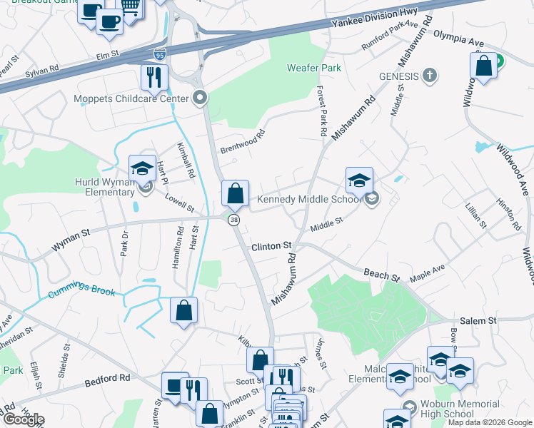 map of restaurants, bars, coffee shops, grocery stores, and more near 26 Newbury Street in Woburn