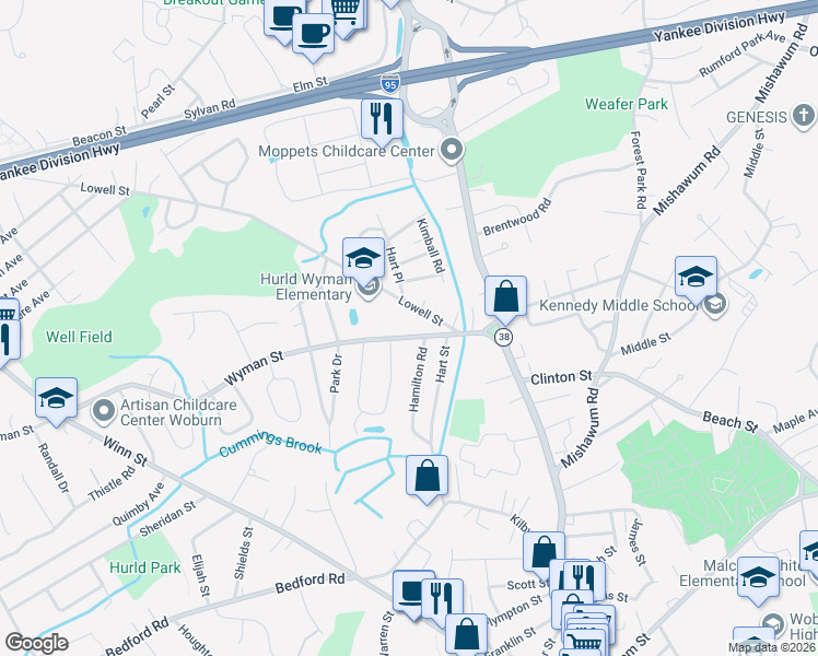 map of restaurants, bars, coffee shops, grocery stores, and more near 21 Wyman Street in Woburn