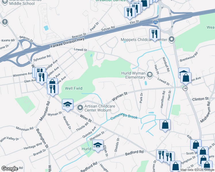 map of restaurants, bars, coffee shops, grocery stores, and more near 4 Meadow Lane in Woburn
