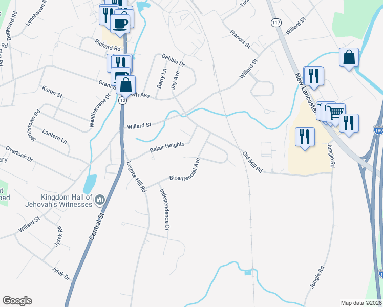 map of restaurants, bars, coffee shops, grocery stores, and more near 90 Bicentennial Avenue in Leominster