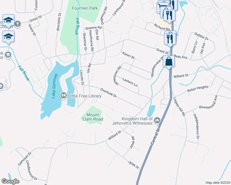 map of restaurants, bars, coffee shops, grocery stores, and more near 59 Overlook Drive in Leominster