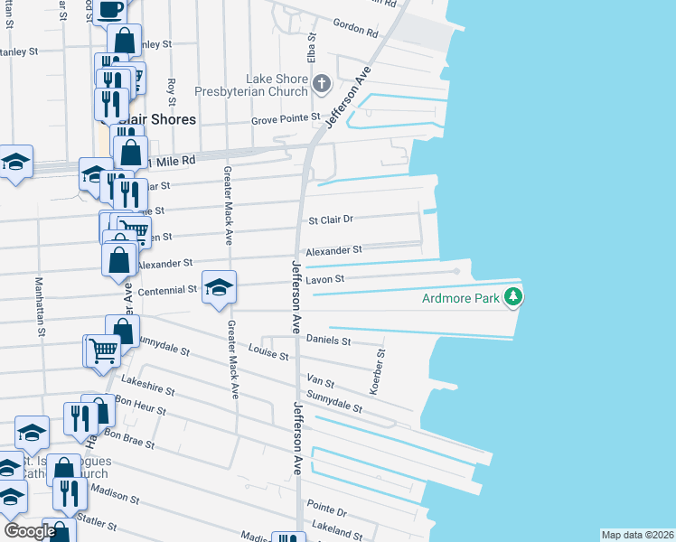 map of restaurants, bars, coffee shops, grocery stores, and more near 22443 Lavon Street in St. Clair Shores