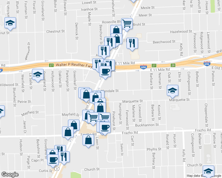 map of restaurants, bars, coffee shops, grocery stores, and more near 17841 Glendale Street in Roseville