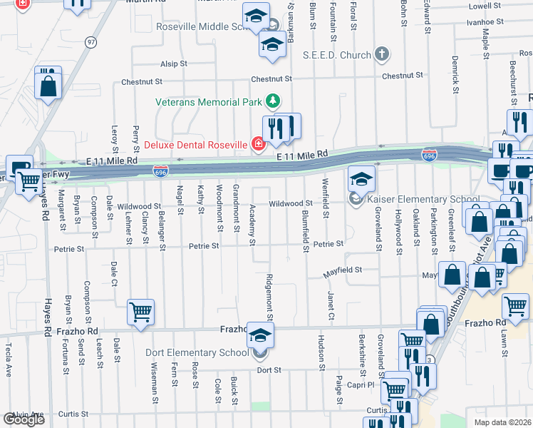 map of restaurants, bars, coffee shops, grocery stores, and more near 26641 Ridgemont Street in Roseville