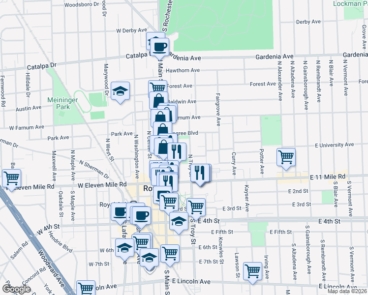 map of restaurants, bars, coffee shops, grocery stores, and more near 304 North Troy Street in Royal Oak