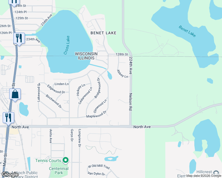 map of restaurants, bars, coffee shops, grocery stores, and more near 239 Maplewood Drive in Antioch