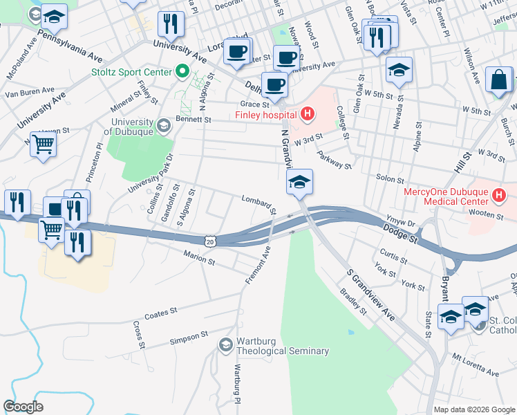 map of restaurants, bars, coffee shops, grocery stores, and more near 25 Meadow Lane in Dubuque