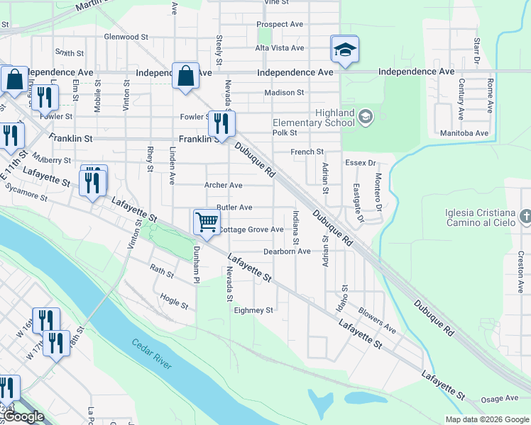 map of restaurants, bars, coffee shops, grocery stores, and more near 338 Butler Avenue in Waterloo