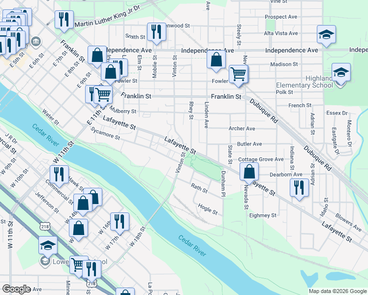map of restaurants, bars, coffee shops, grocery stores, and more near 1716 Lafayette Street in Waterloo