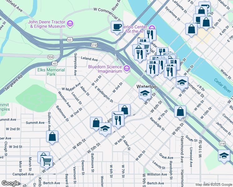 map of restaurants, bars, coffee shops, grocery stores, and more near 636 W Park Ave in Waterloo