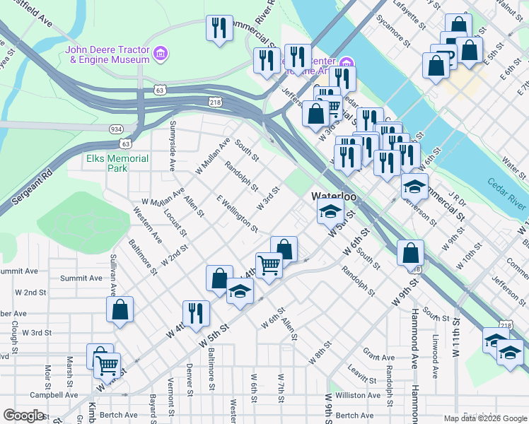 map of restaurants, bars, coffee shops, grocery stores, and more near 731 West 3rd Street in Waterloo