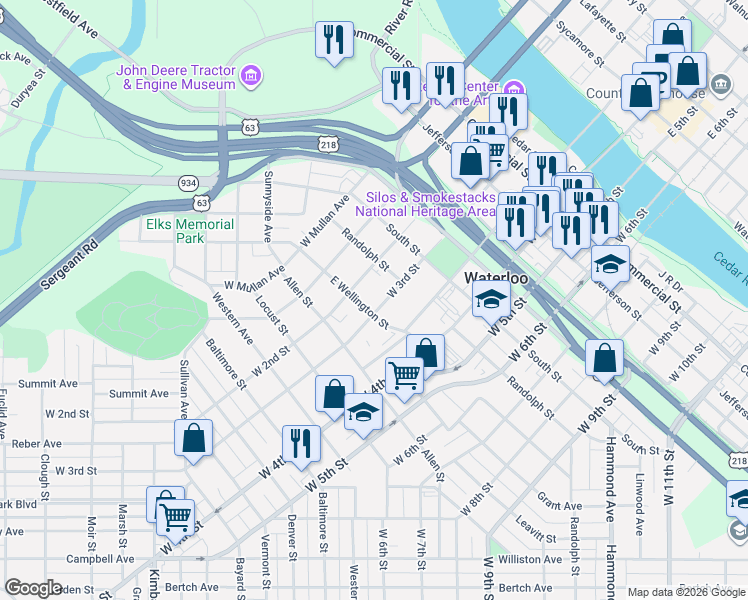 map of restaurants, bars, coffee shops, grocery stores, and more near 731 West 3rd Street in Waterloo