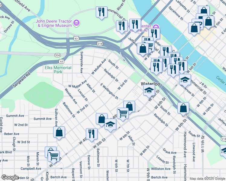 map of restaurants, bars, coffee shops, grocery stores, and more near 731 West 3rd Street in Waterloo