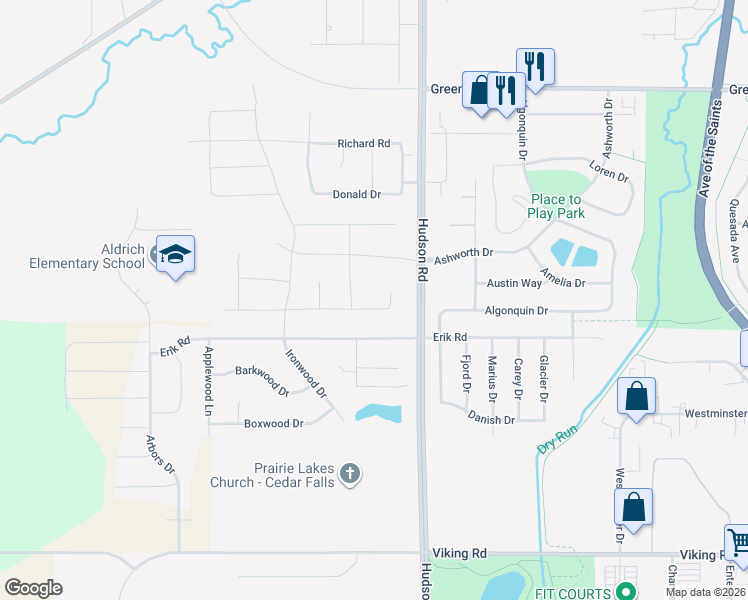 map of restaurants, bars, coffee shops, grocery stores, and more near 1722 Vera Way in Cedar Falls