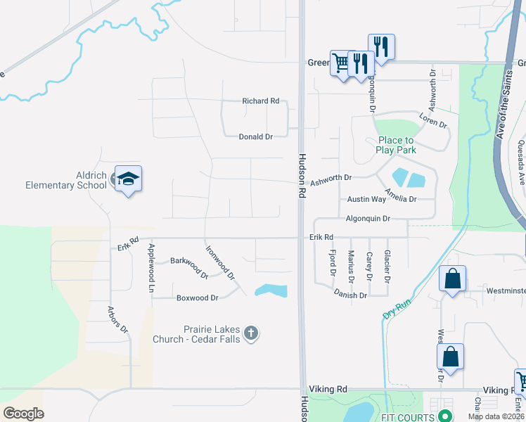 map of restaurants, bars, coffee shops, grocery stores, and more near 1722 Vera Way in Cedar Falls