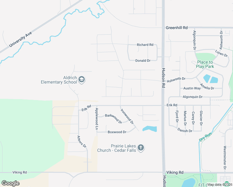 map of restaurants, bars, coffee shops, grocery stores, and more near Vera Way in Cedar Falls