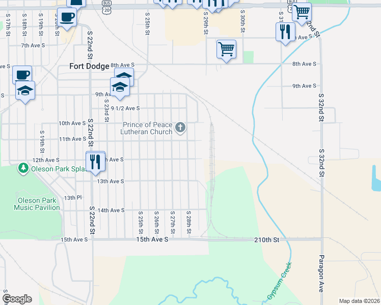 map of restaurants, bars, coffee shops, grocery stores, and more near 1137 South 28th Street in Fort Dodge