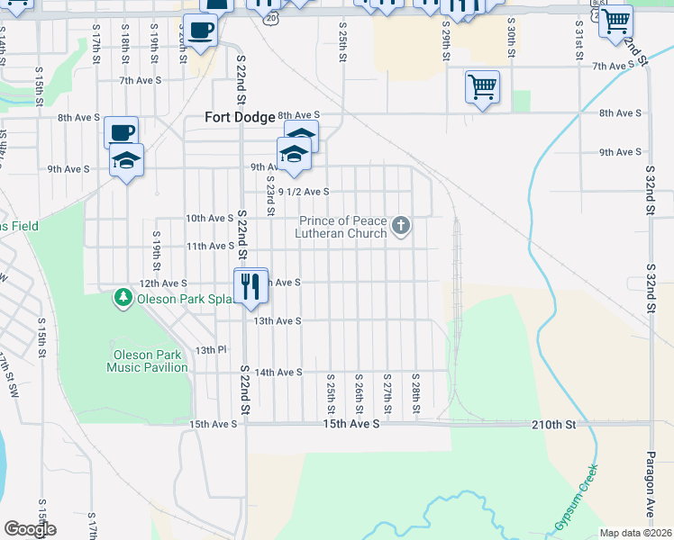 map of restaurants, bars, coffee shops, grocery stores, and more near 1120 South 25th Street in Fort Dodge