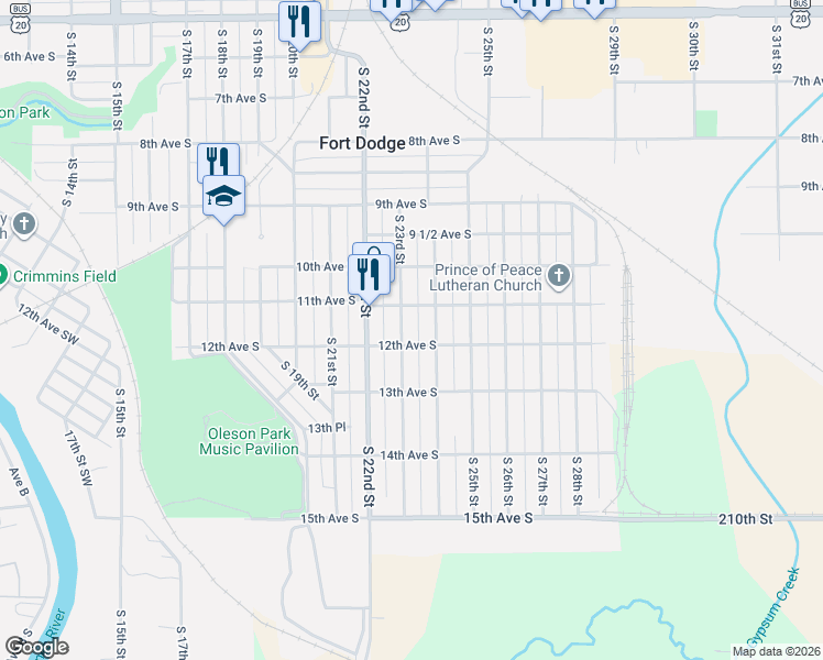 map of restaurants, bars, coffee shops, grocery stores, and more near 1126 South 24th Street in Fort Dodge