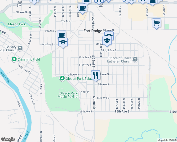 map of restaurants, bars, coffee shops, grocery stores, and more near 2110 12th Avenue South in Fort Dodge