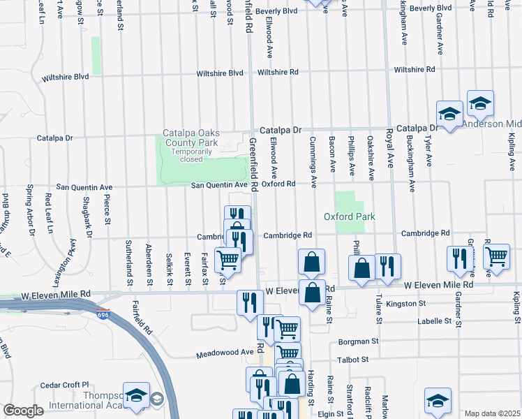 map of restaurants, bars, coffee shops, grocery stores, and more near 2172 Greenfield Road in Berkley