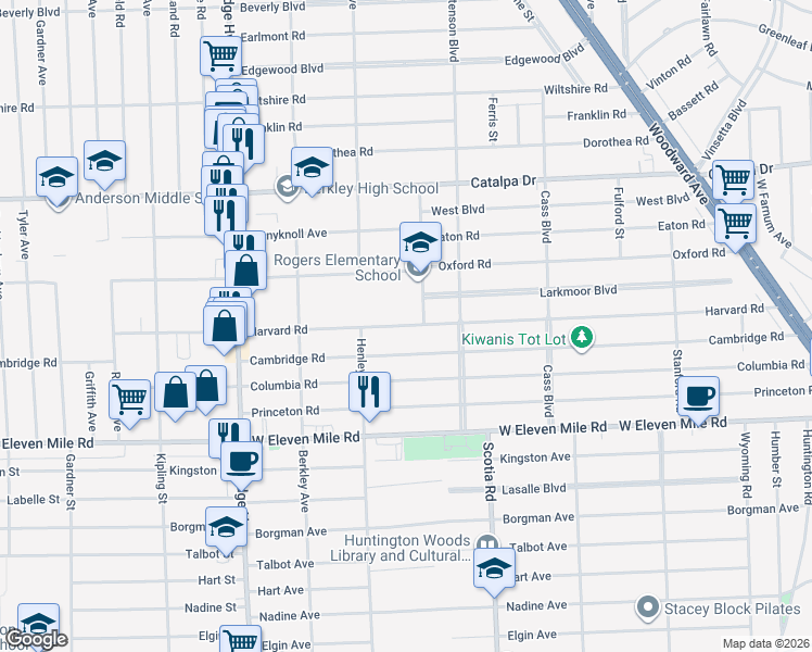 map of restaurants, bars, coffee shops, grocery stores, and more near Harvard Road in Berkley