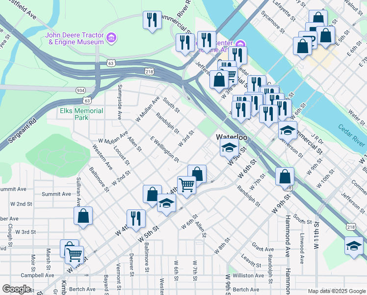 map of restaurants, bars, coffee shops, grocery stores, and more near 731 West 3rd Street in Waterloo